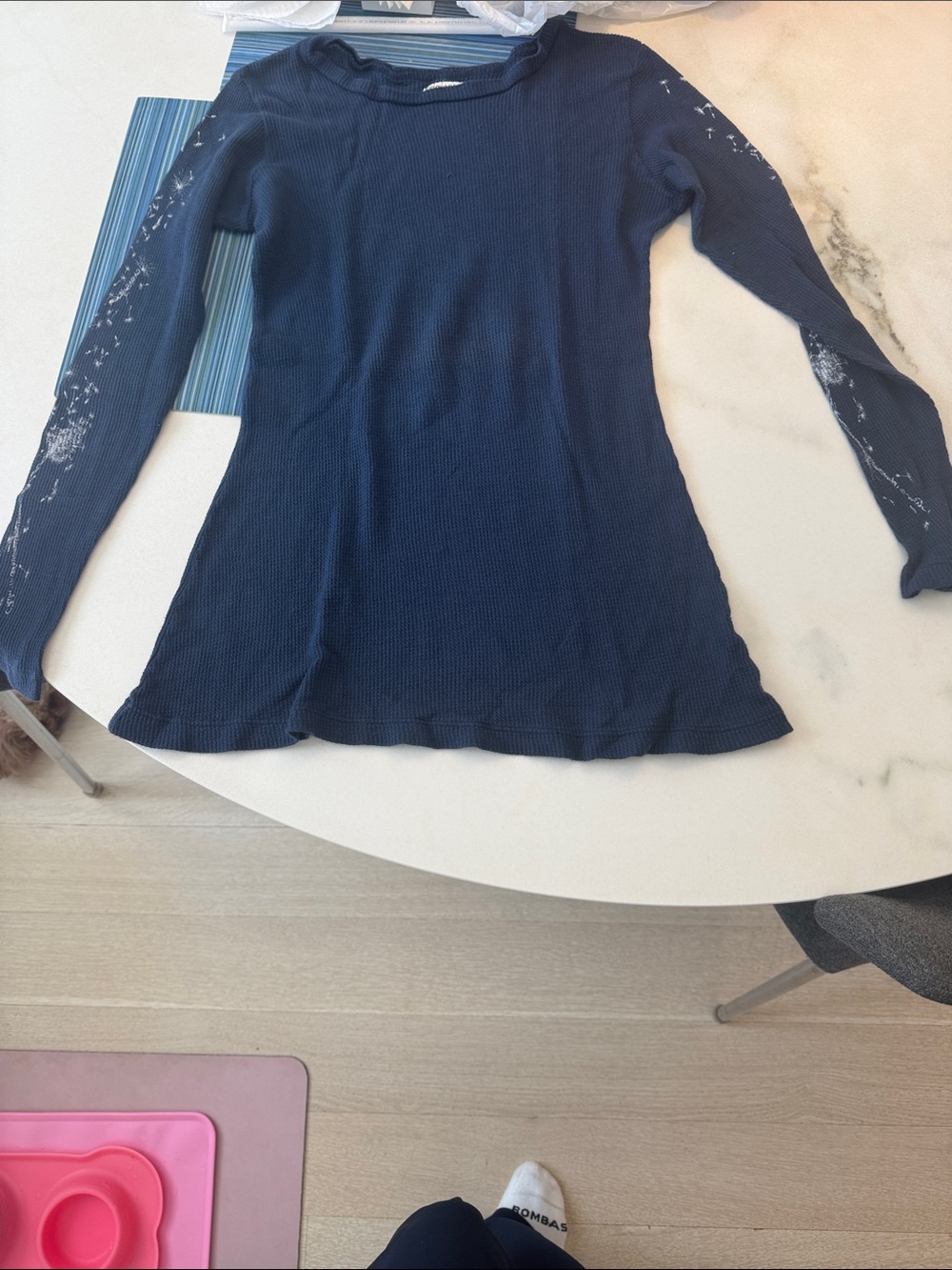 Lauren Moshi Navy Long Sleeve Ribbed Top with Sleeve Detail